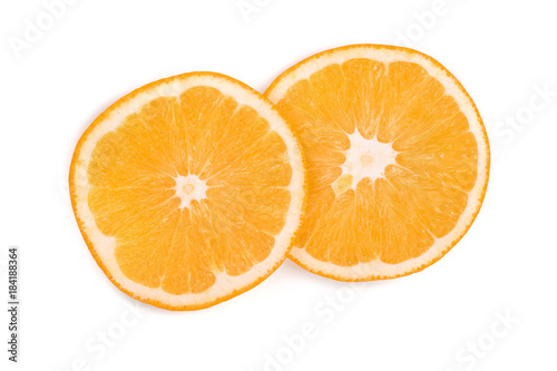 Slices of orange isolated on white background. Flat lay  top view. Fruit composition