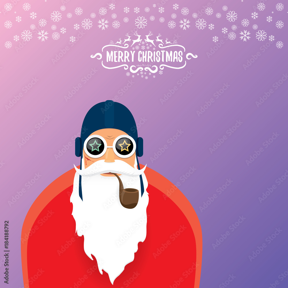vector DJ rock n roll santa claus with smoking pipe, santa beard and funky santa hat isolated on violetred christmas square background with snowflakes. Christmas hipster party poster, banner or card. vector DJ rock n roll santa claus with smoking pipe, santa beard and funky santa hat isolated on violetred christmas square background with snowflakes. Christmas hipster party poster, banner or card.