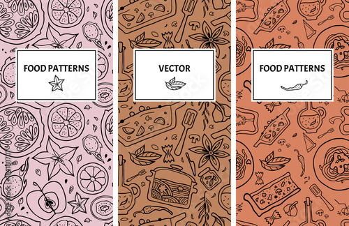 Seamless patterns set with healthy food.