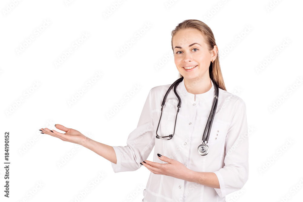 Female doctor with stethoscope show something and smile to you isolated on white background. Female doctor with stethoscope show something and smile to you isolated on white background.