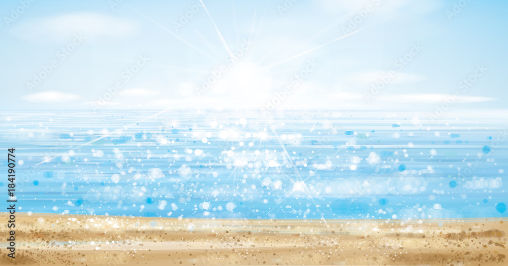 Naklejka premium Vector ocean with blue sky and sandy beach, blurred effect.