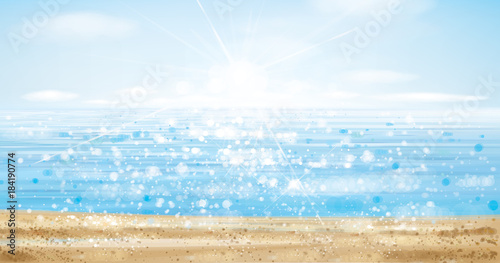 Vector  ocean with blue  sky and sandy beach, blurred effect.