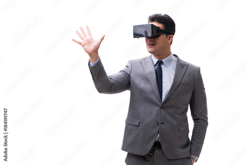 Businessman wearing virtual reality VR glasses isolated on white