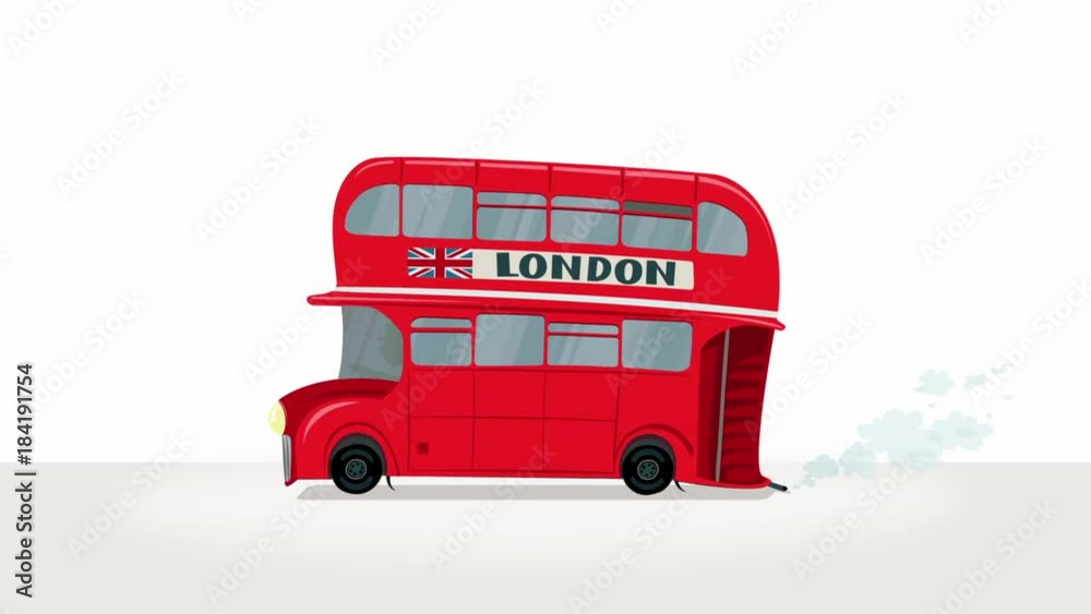 2D animation. Red London bus