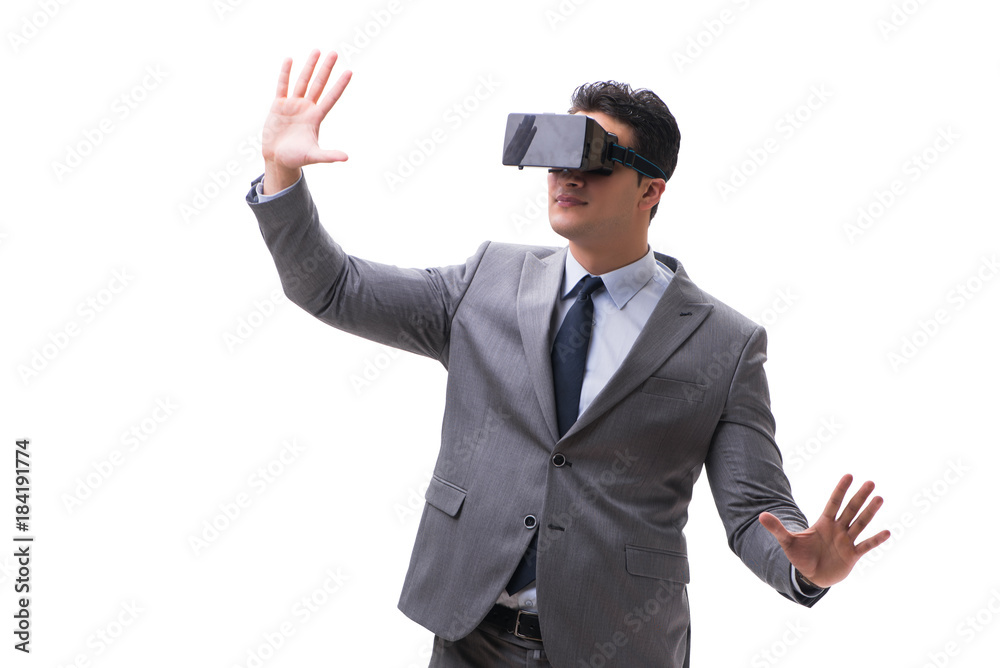 Businessman wearing virtual reality VR glasses isolated on white Businessman wearing virtual reality VR glasses isolated on white
