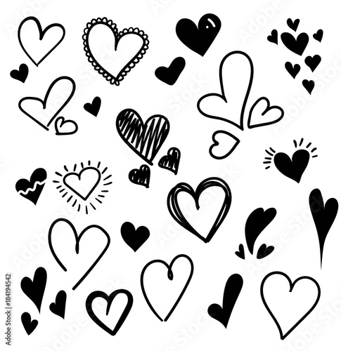 Hand drawn hearts set isolated. Design elements for Valentine's day. Collection of doodle sketch hearts hand drawn with ink. Vector illustration 10 EPS