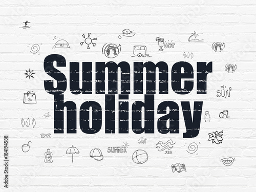Tourism concept  Painted black text Summer Holiday on White Brick wall background with  Hand Drawn Vacation Icons