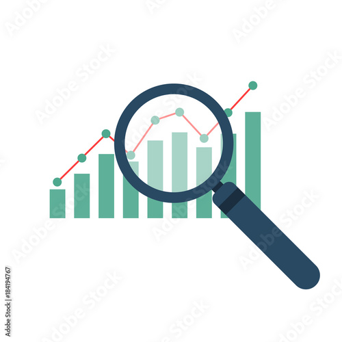 Magnifier and graph icon. Vector illustration.