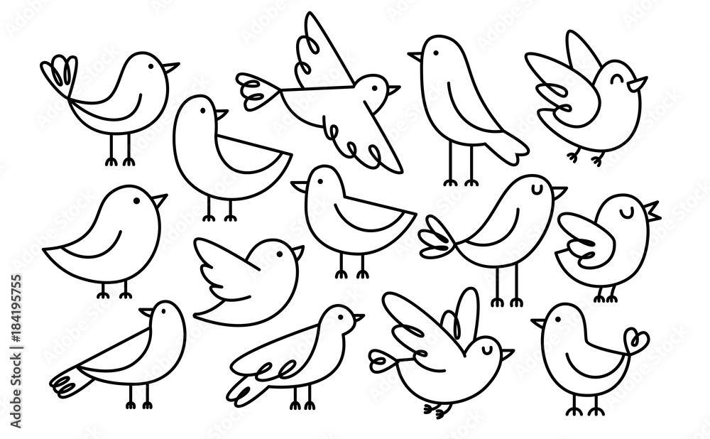 Fototapeta Zestaw ptaków Cute Cartoon Samodzielnie Na Białym Tle