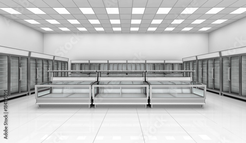 Interior empty supermarket with showcases and freezer bonnet. 3d image