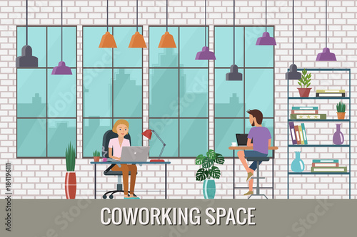 Vector illustration of coworking space. Working place, office. People working in the creative office. Flat design.