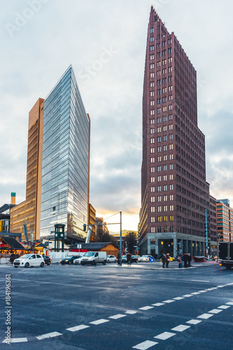 potsdamer platz at berlin with street and blurred cars and people