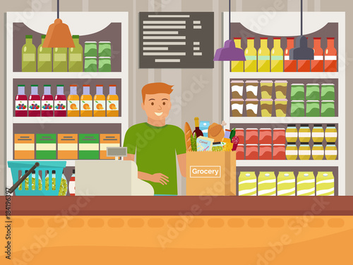 Vector illustration of cashier in grocery store. Flat design.