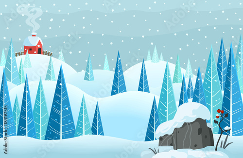 winter snow horisontal forest landscape with house on the hill