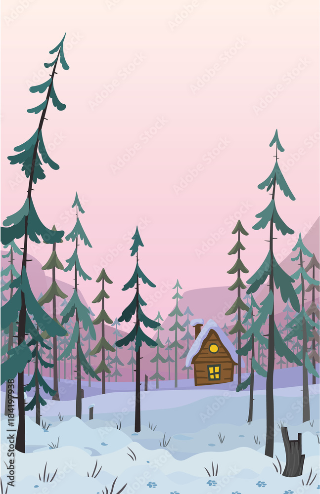 Obraz premium winter snow vertical forest landscape with house on the hill
