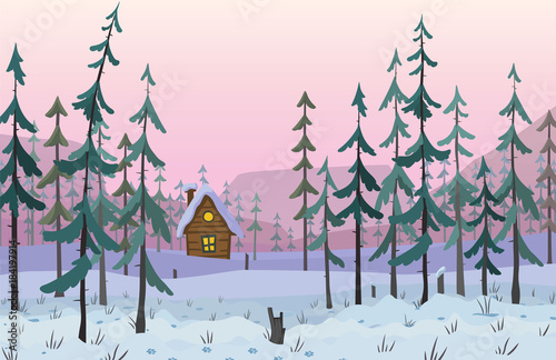 winter snow horisontal forest landscape with house.