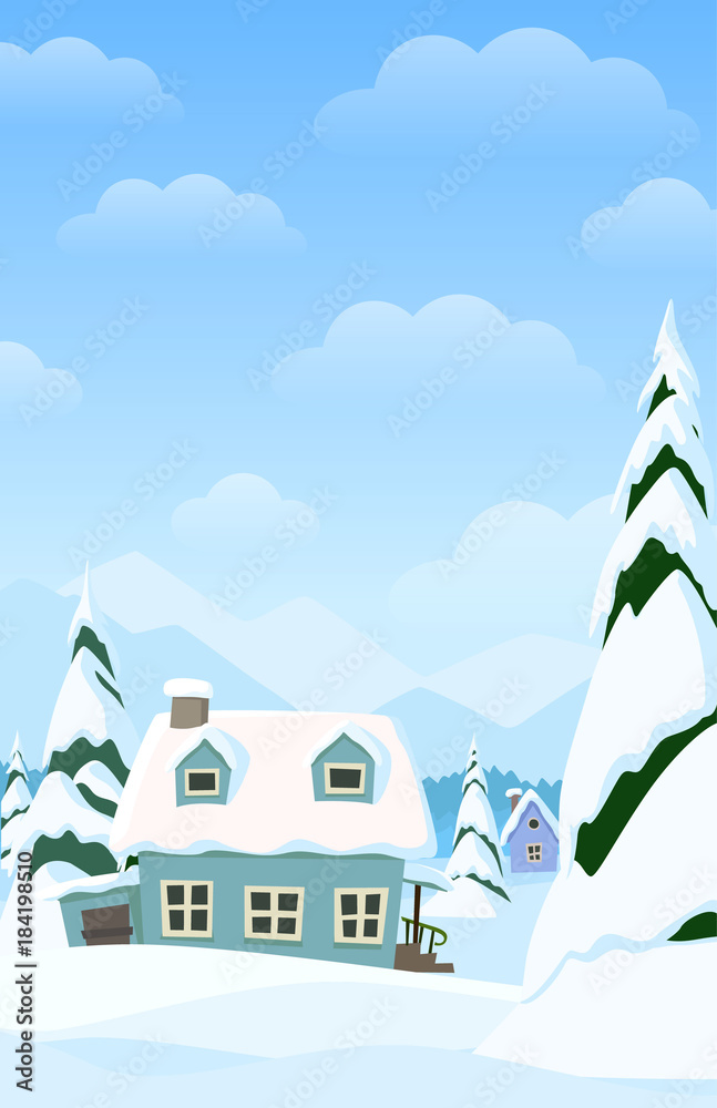 Vector vertical landscape with winter village Vector vertical landscape with winter village