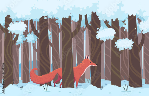 Winter forest horizontal illustration with sly fox.