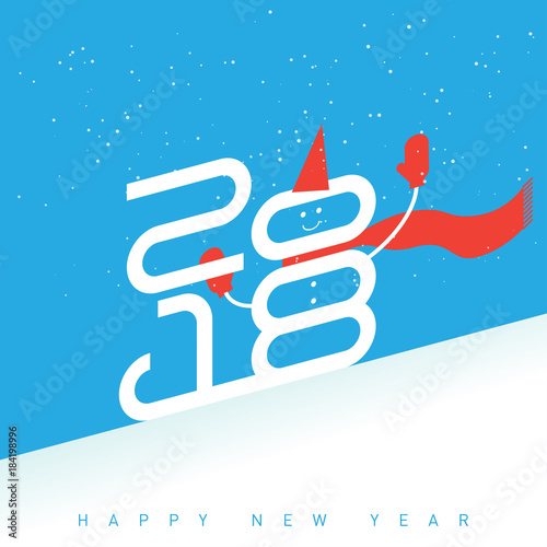 Happy New Year. The snowman in a red hat, scarf and mittens, riding the mountain on a sled. Stylized inscription 2018.