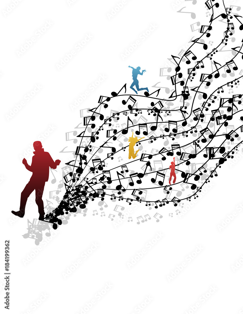 Easy to edit vector illustration of wavy musical notes with dancer