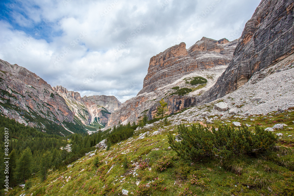 View of wild Travenanzes valley with Vallon Bianco and Nemesis Mounts background, Dolomites, Italy