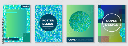 Mosaic posters set  geometric shapes  isometric pattern  hipster color background  turquoise cover in trendy minimalistic style  vector fashion wallpaper  banner  cove