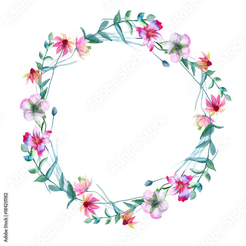 Wreath of wild flowers. Isolated on white background. 