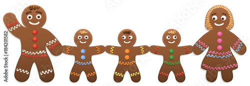 Gingerbread man family - father, mother and three children - cute and sweet christmas cookies.