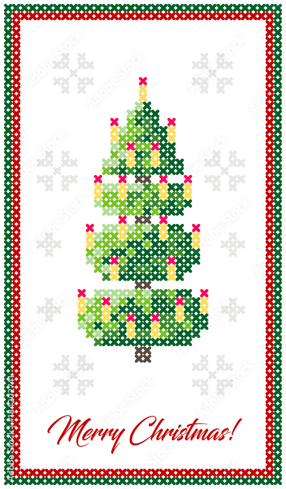 Naklejka premium Merry Christmas greeting card, Happy new year illustration. Christmas tree with decor, like cross-stitch. Christmas pattern. Scheme for needlework.