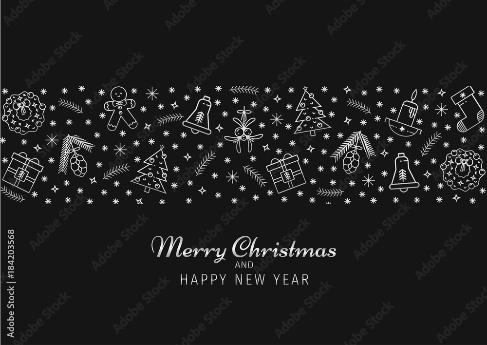 Christmas and Happy New Year horizontal background, greeting, invitation card template with line symbols. Winter banner, illustration in black and silver colors in trendy outline style.