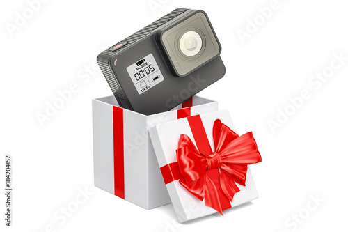 Modern dashcam DVR inside gift box, gift concept. 3D rendering photo