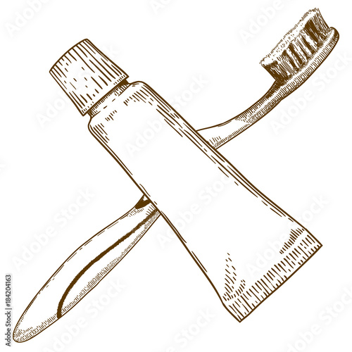 engraving  illustration of toothbrush and toothpaste tube