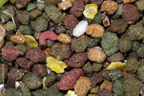 Prepared dried animal food mix for a Rabbit. Consist of dried beet, carrot, grass, hay, peas, wheat, vitamins and minerals.