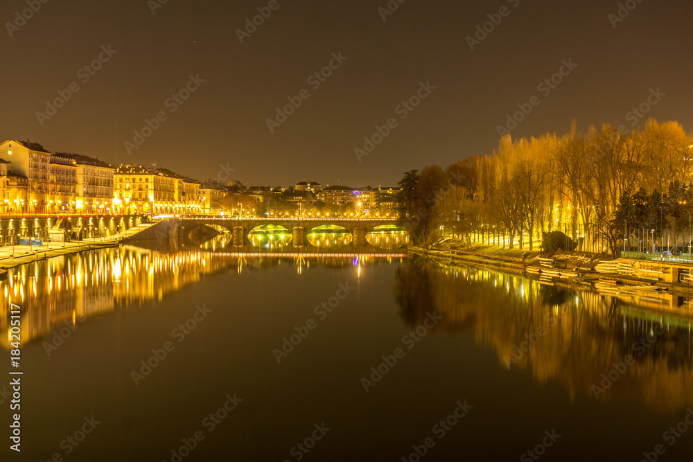 Bridge, panorama of turin at sunset