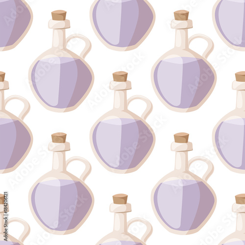 Glass bottle of premium virgin spa oil aromatherapy massage seamless pattern background vector illustration