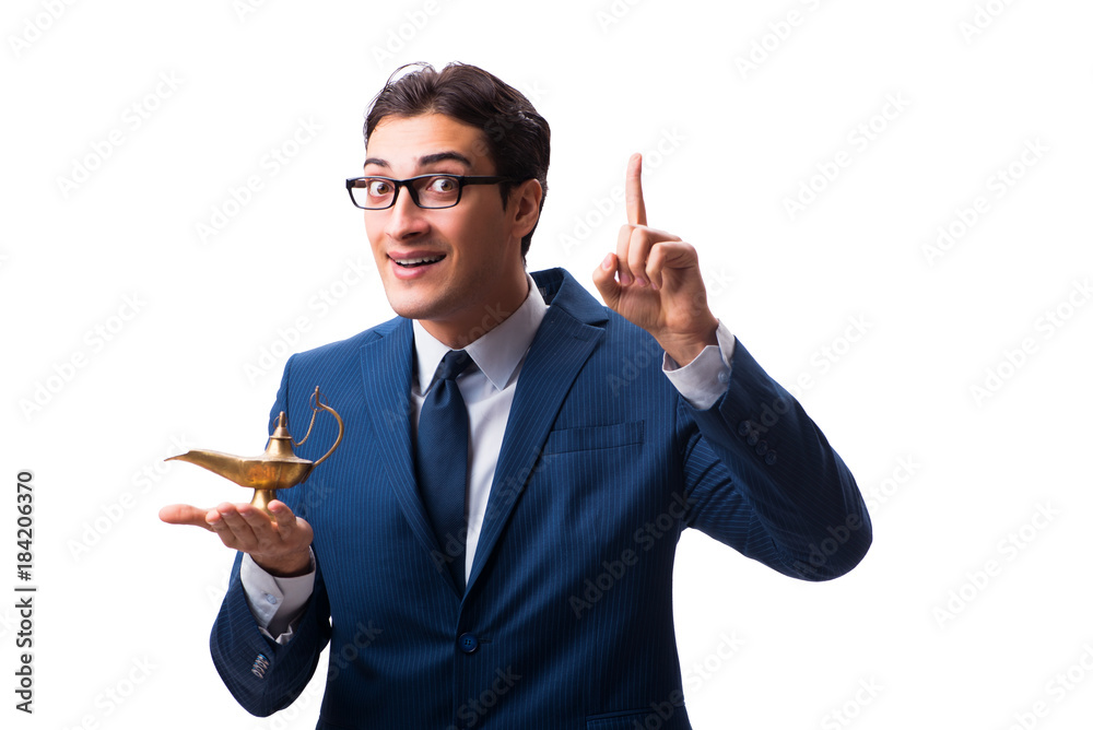 Businessman with magic lamp isolated on white Businessman with magic lamp isolated on white