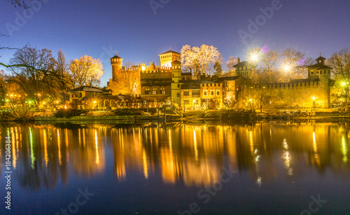 Castle at the park of valentino in turin. Panorama of Turin