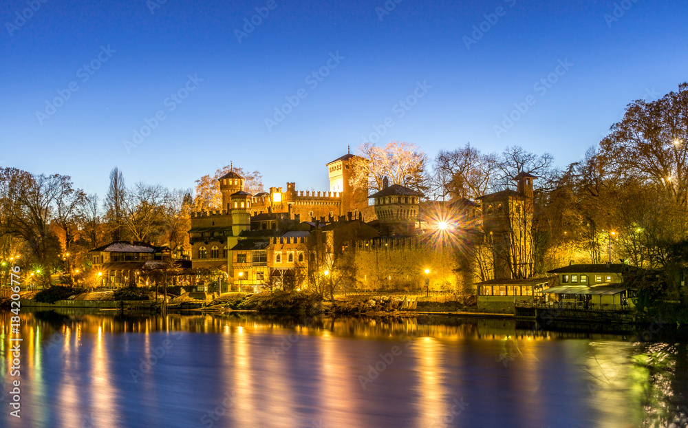 Castle at the park of valentino in turin. Panorama of Turin