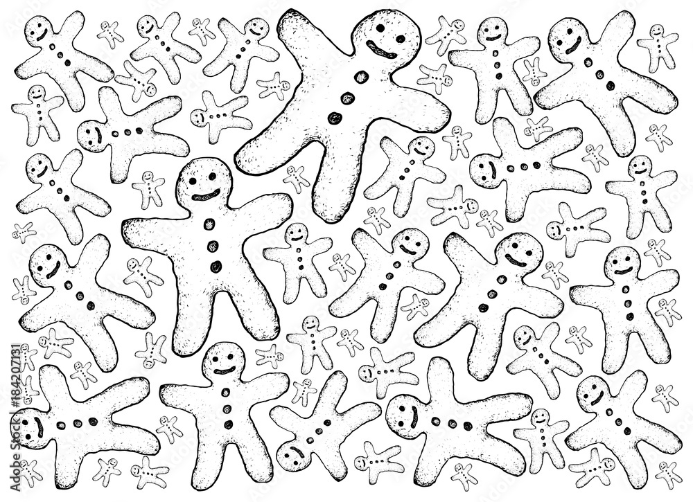 Hand Drawn of Christmas Gingerbread Man Cookies Background