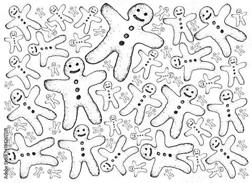 Fototapeta Naklejka Na Ścianę i Meble -  Hand Drawn of Christmas Gingerbread Man Cookies Background