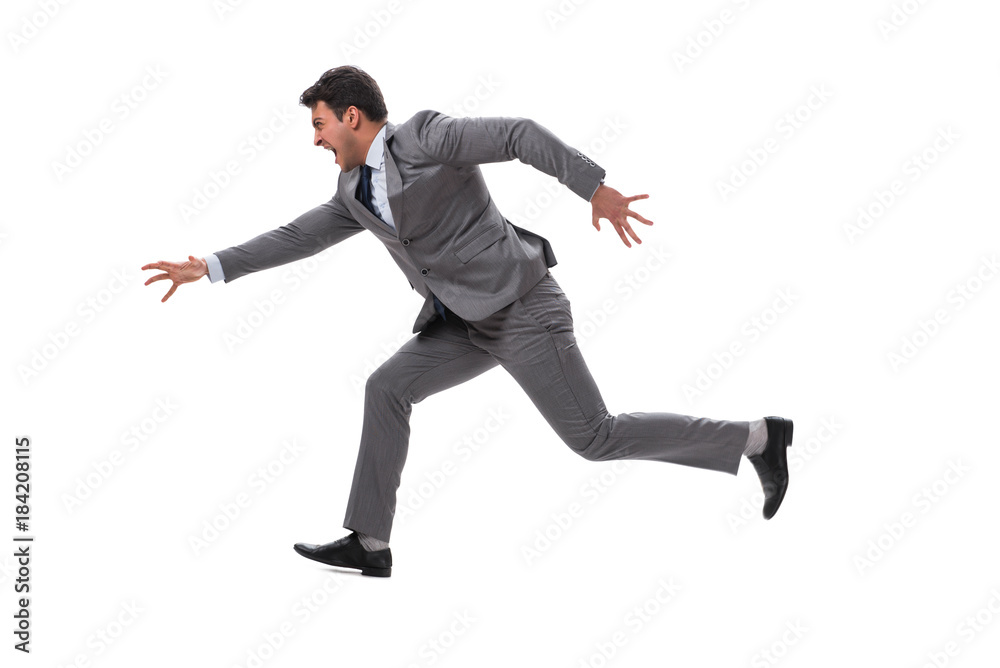 Young businessman running forward isolated on white