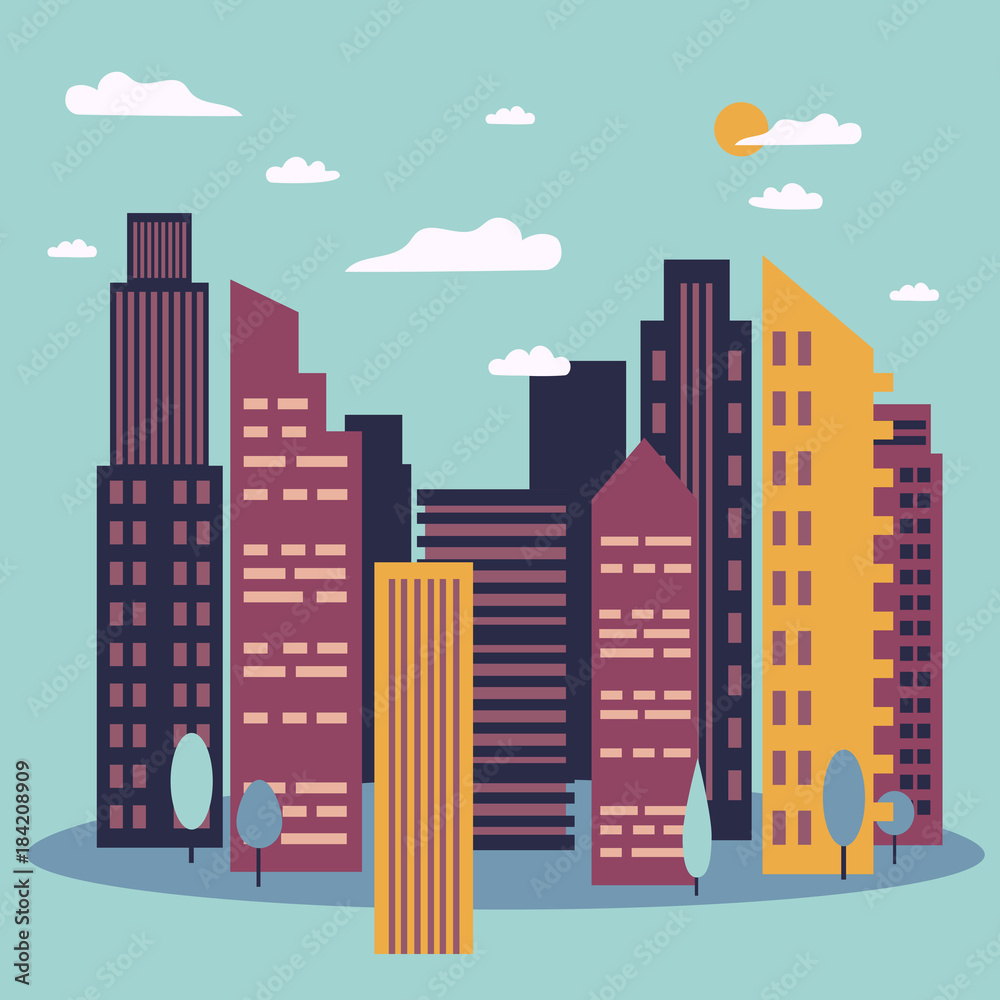 Day cityscape. Skyline with sun Day cityscape. Skyline with sun