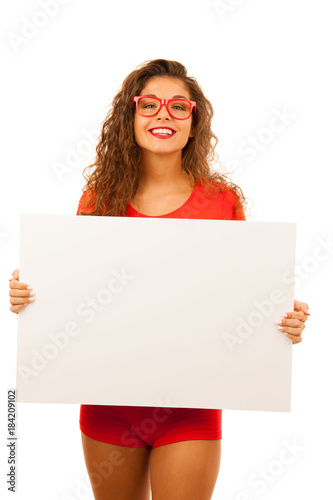 Woman in red showing blank white banner with copy space for additional text, graphics or addvertisement isolated over white photo