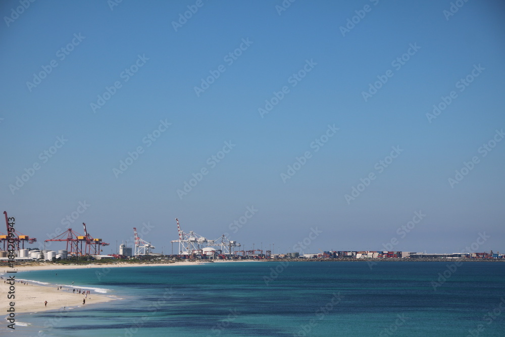 View to Sand Tracks Beach and Port of Fremantle at Indian Ocean, Perth Western Australia