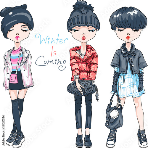 Vector SET of beautiful fashion hipster girl in winter clothes, sneakers, jacket and hat with bag