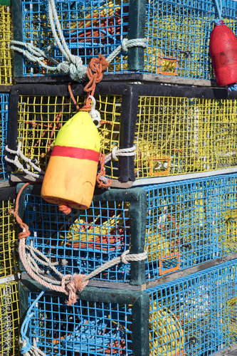 Colorful lobster traps with nylon ropes and buoy photo