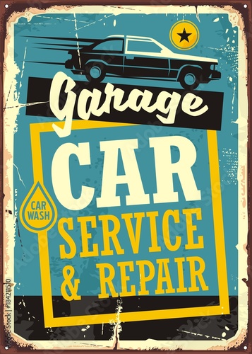 Cars and garage retro sign template. Car service and repair vintage sign with car side view and creative typography. 