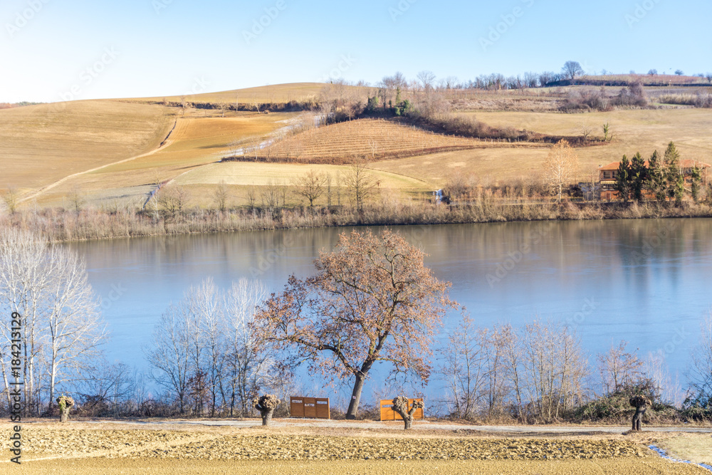 countryside landscape with lake during the blue hour