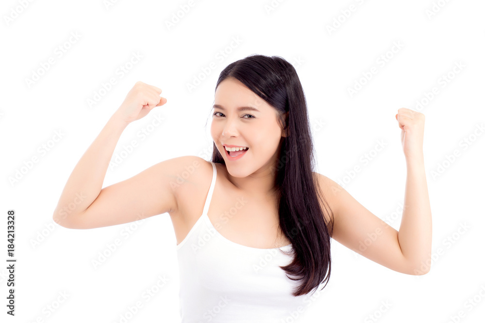 Portrait of beautiful asian woman power strong and strength, beauty of girl with wellness and smile isolated on white background, healthcare concept. Portrait of beautiful asian woman power strong and strength, beauty of girl with wellness and smile isolated on white background, healthcare concept.