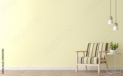 Modern vintage living room with yellow wall 3d rendering image.There are yellow paint wall and wood floor ,Funished with vintage wood chair photo